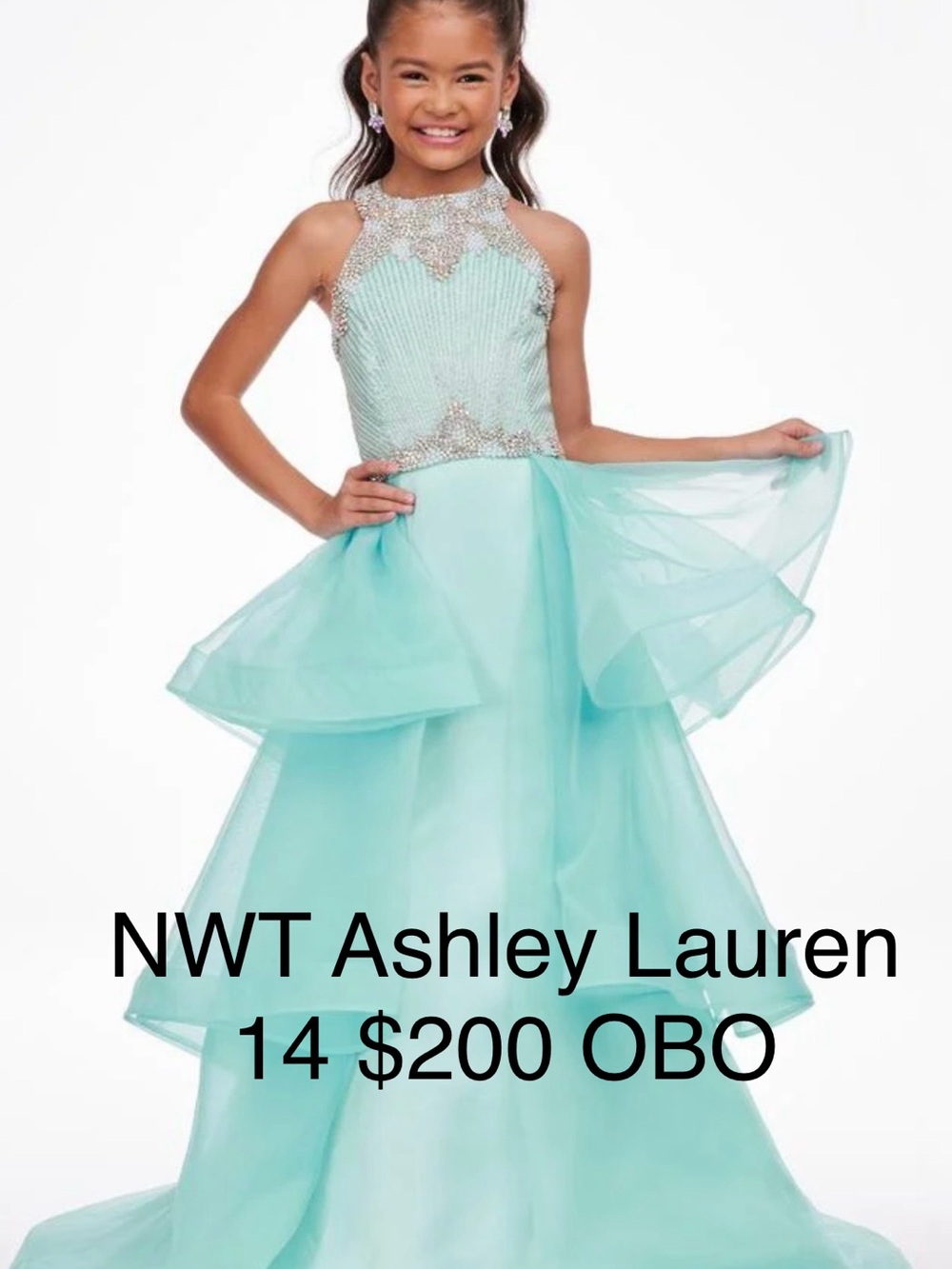 Ashley Lauren Girls' Mint Beaded Halter Formal Dress